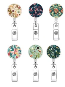 1入組花卉圖案徽章夾復古便攜式可伸縮卡片徽章夾適合教師、學生、上班族 - 彩色 - 查看 1