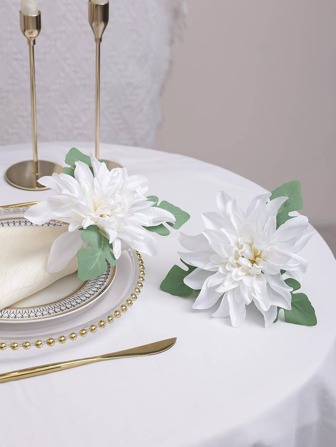 2pcs Artificial Flower Decor Napkin Ring, White Plastic Napkin Buckle, For Dining Table