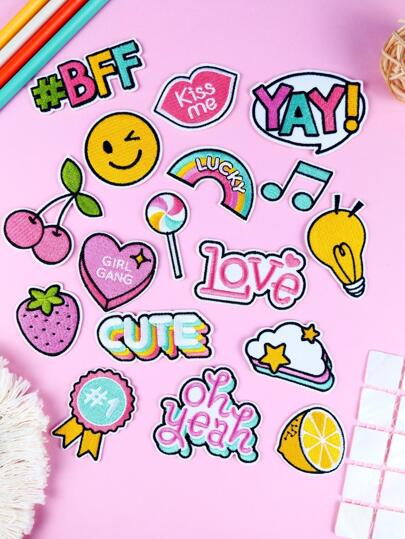 17pcs Colorful Mixed Pattern Cute Patch, Polyester Creative Iron On Patch For DIY