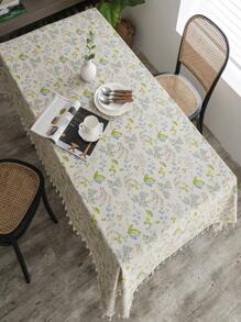 1pc Leaf Pattern Tassel Decor Tablecloth, Modern Fabric Rectangle Table Cloth For Kitchen - Multicolor - View 1
