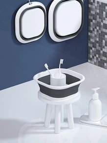 1pc Plastic Wash Basin, Modern Two Tone Foldable Wash Basin For Bathroom - Grey - View 7