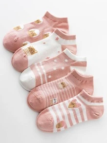 5pairs Cat & Striped Pattern Ankle Socks - Multicolor - View 1