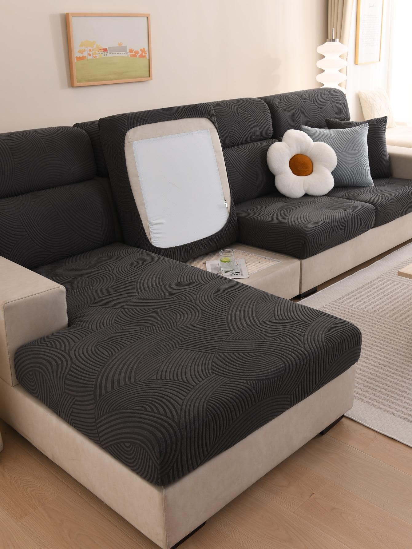 1入組彈性加厚沙發墊套,白色現代簡約風格,防滑,防塵,耐用,四季合適,可水洗 - 黑色 - 查看 1