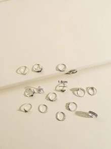 15入組/套時尚鋅合金水鑽和花朵裝飾戒指適合女士日常裝飾 - 復古銀色 - 查看 4