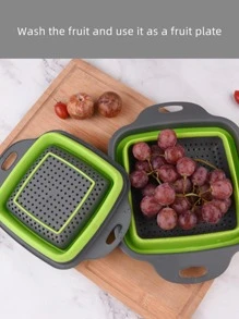 1pc Foldable Plastic Drain Basket, Modern Two Tone Square Fruit And Vegetable Drain Basket For Kitchen - Green - View 5