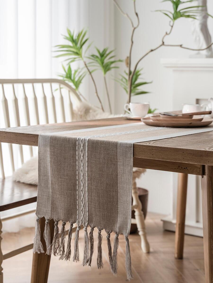 1pc Tassel Decor Table Runner, Modern Fabric Kitchen Table Runner For Home - Multicolor - View 1