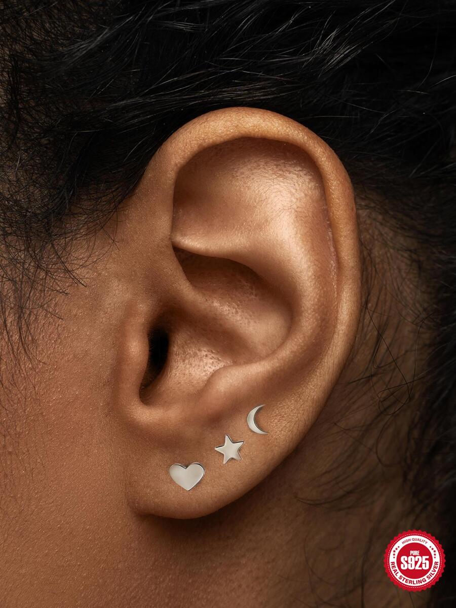 3入組/套星星和愛心裝飾銀耳釘禮品適合女士 - 銀色 - 查看 1