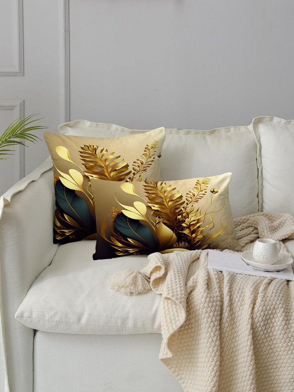 1pc Leaf Print Lumbar Pillow Cover Without Filler, Modern Fabric Decorative Throw Pillow Cover For Home