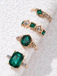 imoli 4pcs/set Glamorous Zinc Alloy Rhinestone Geometric Decor Ring For Women For Girlfriend's Gift