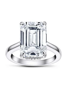 XUJIA 1pc Women's 5A Cubic Zirconia 10x14mm Emerald-Cut Main Stone Ring, 925 Sterling Silver Wedding Band, Engagement Ring, Wedding Jewelry Gift
