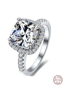 1入組純銀光環女士訂婚戒指9x9毫米墊形切割方晶鋯石承諾週年紀念戒指送給她禮物 - 銀色 - 查看 2