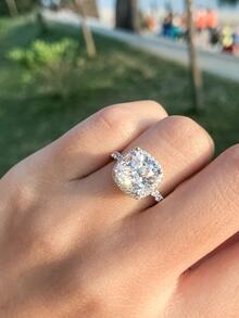 1入組純銀光環女士訂婚戒指9x9毫米墊形切割方晶鋯石承諾週年紀念戒指送給她禮物 - 銀色 - 查看 3