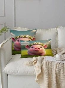 1pc Pig Pattern Cushion Cover Without Filler, Modern Fabric Throw Pillow Cover For Household