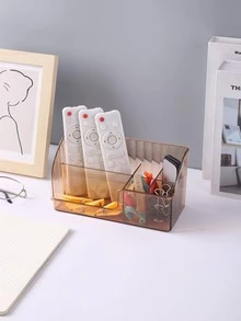 1pc Solid Color Clear Desk Holder, Simple Multi-grid Desktop Stationery Storage Box For Office, Student Stationery Storage - Brown - View 3