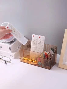 1pc Solid Color Clear Desk Holder, Simple Multi-grid Desktop Stationery Storage Box For Office, Student Stationery Storage - Brown - View 2