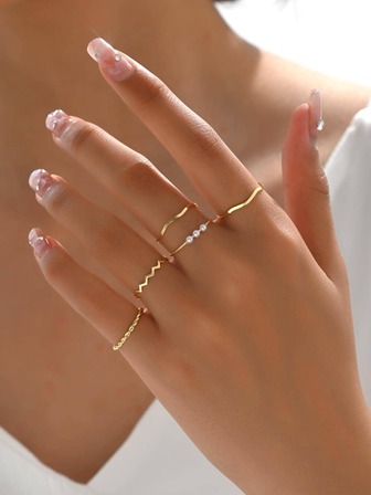 5入組時尚鋅合金人造珍珠裝飾戒指,女性日常裝飾