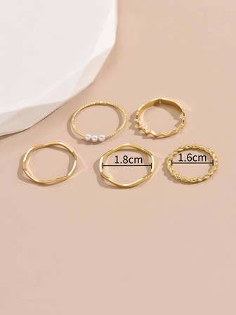 5 Piezas/set Anillo De Moda De Aleación De Zinc Decorado Con Perlas Falsas Para Mujeres Para Decoración Diaria
