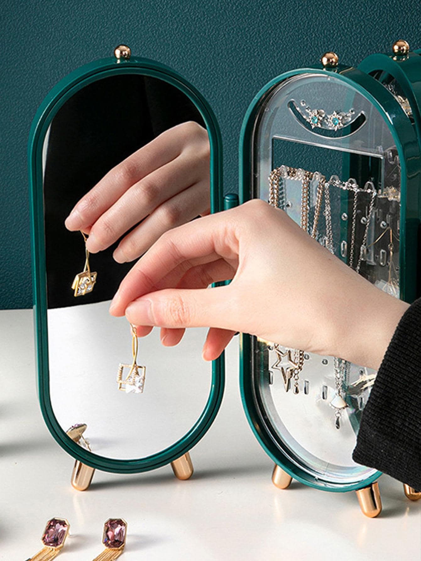 1pc Foldable Jewelry Storage Rack, Clear Plastic Multifunction Jewelry Display Stand For Home - Dark Green - View 1