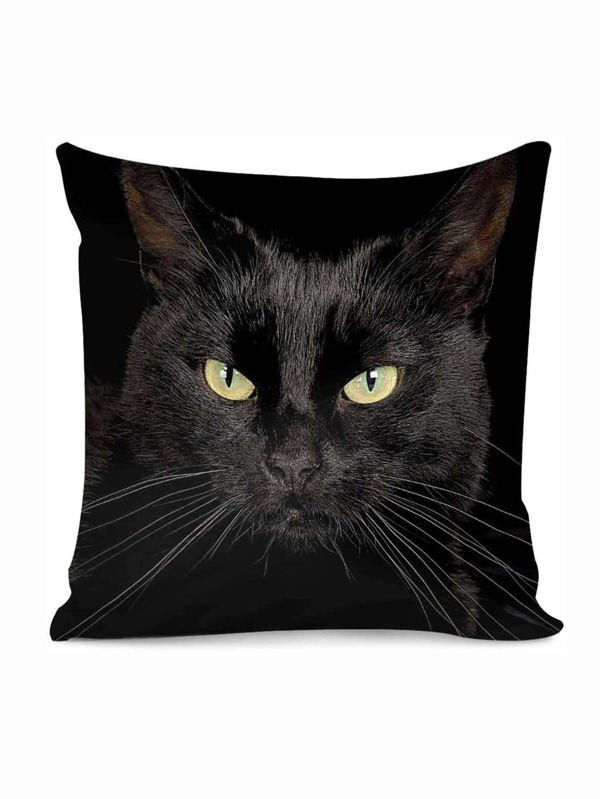 Cat Print Cushion Cover Without Filler, Black Fiber Throw Pillow Cover, For Sofa, Couch