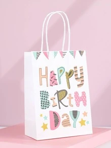 1pc Paper Gift Wrapping Bag, Cartoon Letter Graphic Gift Bag For Birthday Party - White - View 1