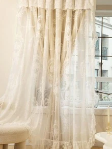 Floral Lace Single Panel Curtain, Modern Polyester Double Layer Single Panel Blackout Curtain For Bedroom And Living Room - Beige - View 3
