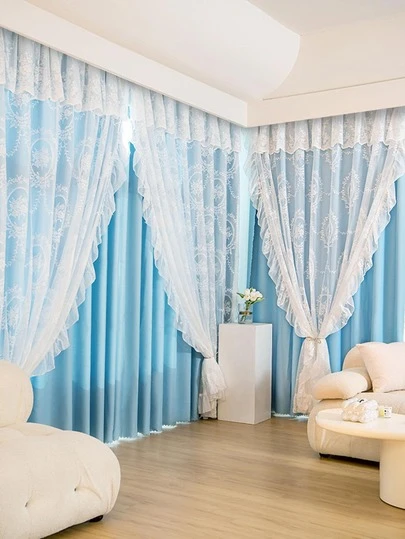 Cortina individual con panel de encaje floral, cortina opaca de doble capa de poliéster moderno de un solo panel para dormitorio y sala de estar