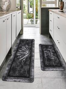 1pc Kitchenware Pattern Kitchen Rug, Retro Polyester Anti-Slip Kitchen Mat For Kitchen ,Room Decor