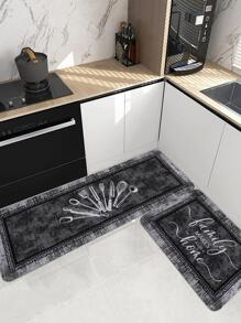 1pc Kitchenware Pattern Kitchen Rug, Retro Polyester Anti-Slip Kitchen Mat For Kitchen ,Room Decor