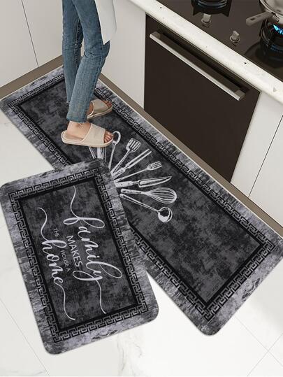 1/2 Pc Vintage Kitchen Pattern Printed Rug, Soft Plush Rectangular Non-Slip Floor Mat For Living Room, Dining Room, Bedroom