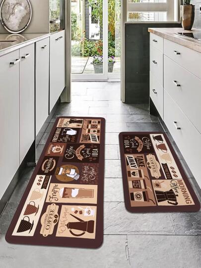 سجادة المطبخ بنمط القهوة قطعة واحدة، سجادة مطبخ بوليستر رجعية مضادة للإنزلاق لديكور المطبخ والغرفة