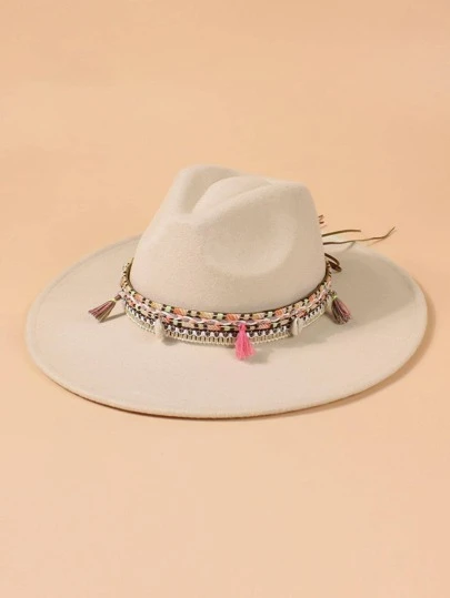 1入組女士隨機色流蘇和貝殼裝飾波西米亞軟呢帽適用於戶外