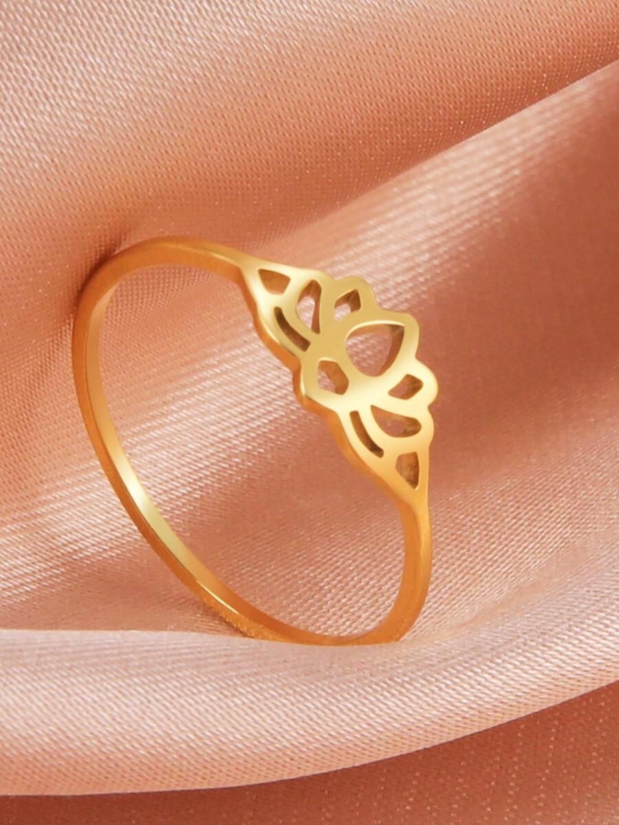 1入組時尚不銹鋼蓮花裝飾戒指適合女士適用於母親節禮品 - 金黃色 - 查看 1
