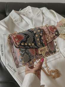 蛇皮壓花方包鉚釘裝飾前衛 - 紅色 - 查看 2