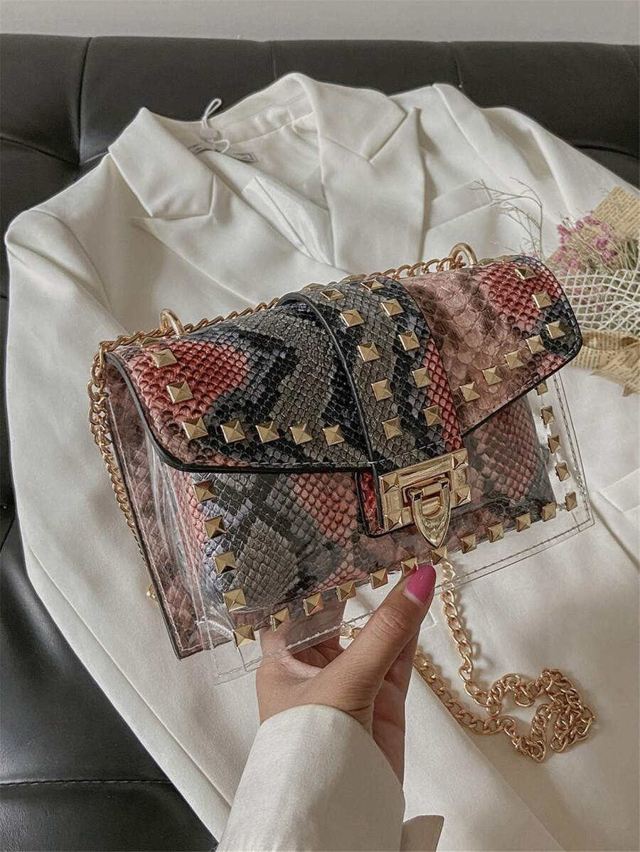 蛇皮壓花方包鉚釘裝飾前衛 - 紅色 - 查看 1