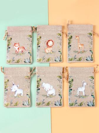 6入組卡通獅子圖案禮品卡通動物印花抽繩設計禮品包裝袋適合派對