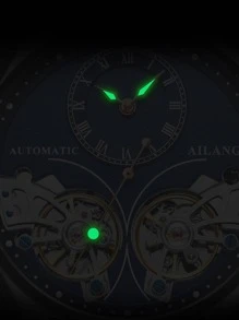 AlLANG 男士防水镂空夜光双飞轮复古时尚自动机械腕表配皮革表带 - 藍色 - 查看 4
