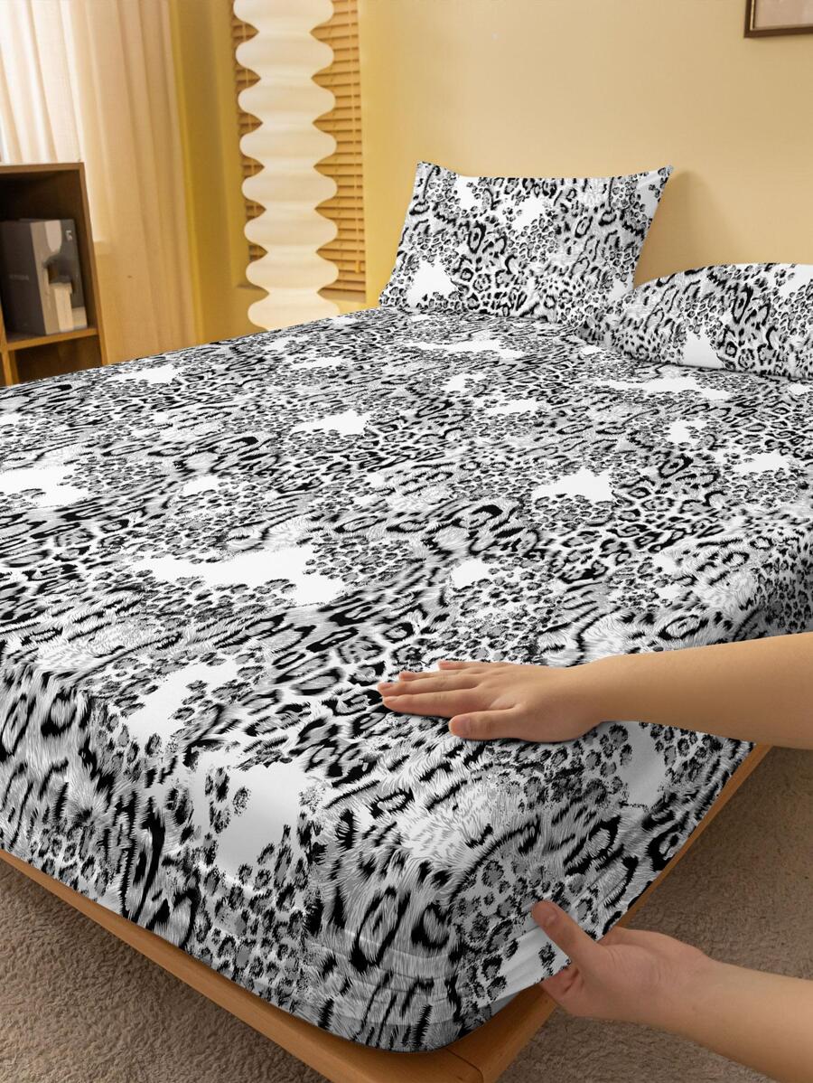 1入組豹紋圖案床笠臥室現代豹紋防塵床上用品床笠 - 黑與白 - 查看 1