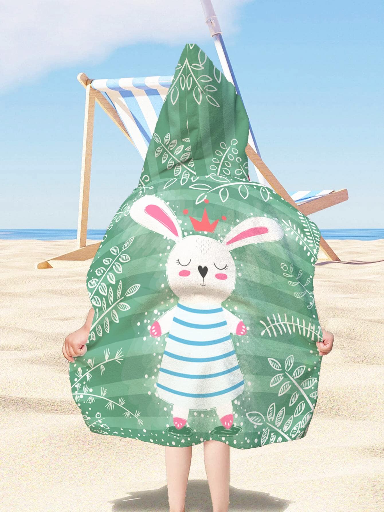 1pc Kids Cartoon Rabbit & Leaf Pattern Bath Towel, Cartoon Leaf & Striped Pattern Absorb Water Bath Towel For Kids, Outdoor - Multicolor - View 1