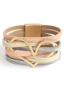 1 件镂空心形彩色多层 PU 皮革手链，适合女士妈妈礼物圣诞节感恩节万圣节婚礼狂欢/舞会/派对/日常/海滩配饰周年纪念情人节波西米亚风珠宝生日伴娘礼物 - 彩色 - 查看 1