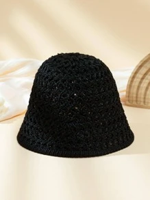 1入組女士素色鏤空防曬休閒漁夫帽適用於日常 - 黑色 - 查看 2