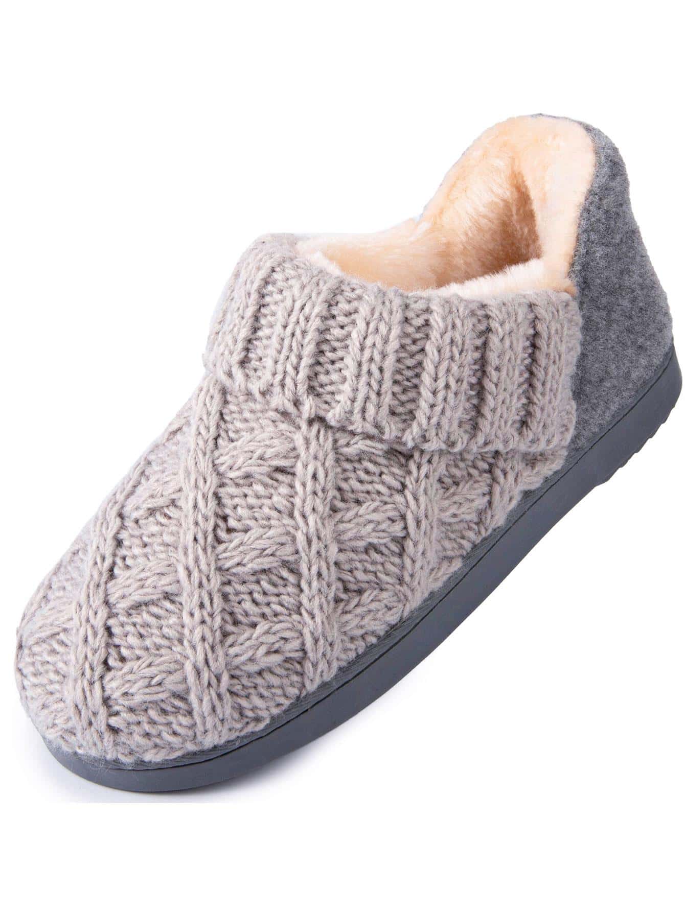 Women's Warm Wool Yarn Cable Knitted Bootie Slippers Memory Foam Anti-Skid Sole House Shoes Indoor Outdoor - Xám - Xem 1