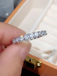 1入組奢華銅方晶鋯石裝飾戒指適合女士適用於日常 - 銀色 - 查看 1