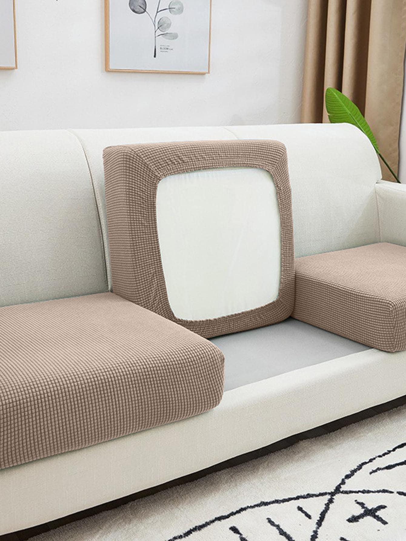 1pc Solid Color Camel Sofa Cushion Cover, Modern Polyester Sofa Seat Cover For All Season - Camel - View 1