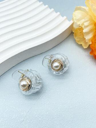 2入組女士人造珍珠裝飾透明時尚小髮爪日常裝飾