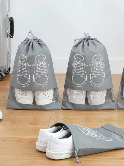 1入組無紡布織物鞋現代鞋圖案抽繩包適用於家庭和旅行