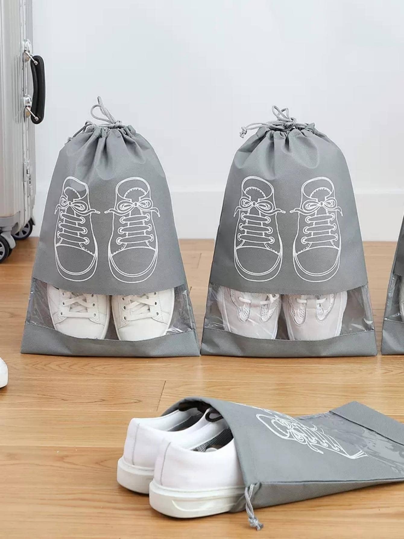 1入組無紡布織物鞋現代鞋圖案抽繩包適用於家庭和旅行