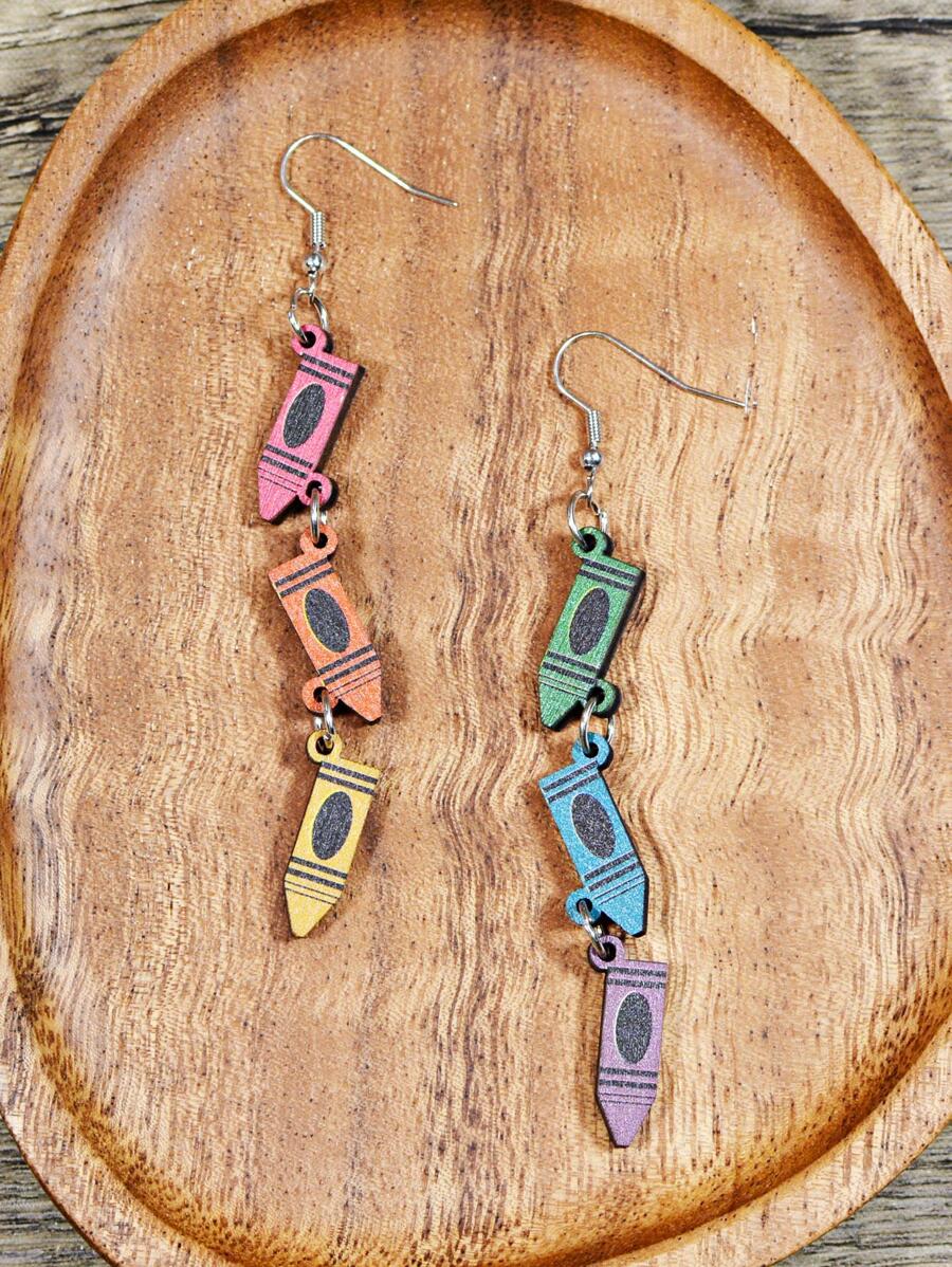 1對時尚木頭撞色鉛筆設計耳墜適合女士適用於日常 - 彩色 - 查看 1