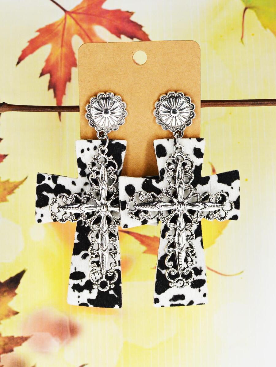 1對時尚PVC奶牛圖案鏤空十字架設計耳墜適合女士適用於日常 - 彩色 - 查看 1