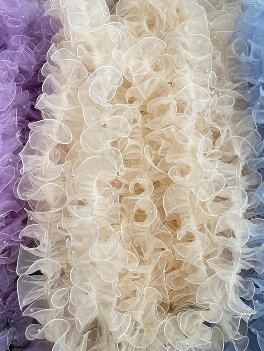1pc Faux Pearl Decor Pleated DIY Ribbon, Beige Gauze Lace Ribbon, For DIY - Beige - View 1