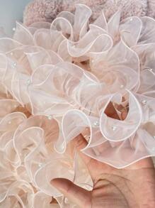 1pc Faux Pearl Decor Pleated DIY Ribbon, Beige Gauze Lace Ribbon, For DIY - Beige - View 4